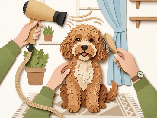 A curly-coated dog being dried and brushed at home