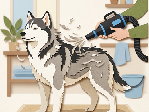 A thick double-coated dog being dried with a powerful blaster