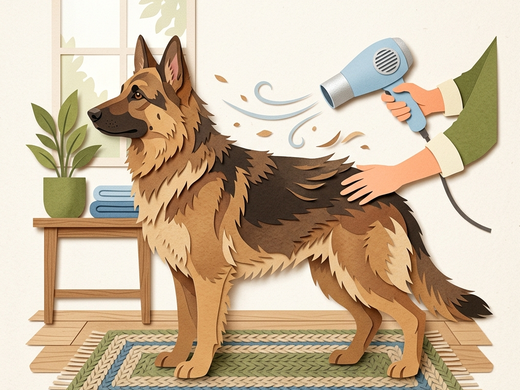 A large dog being dried at home with a high-velocity dog dryer