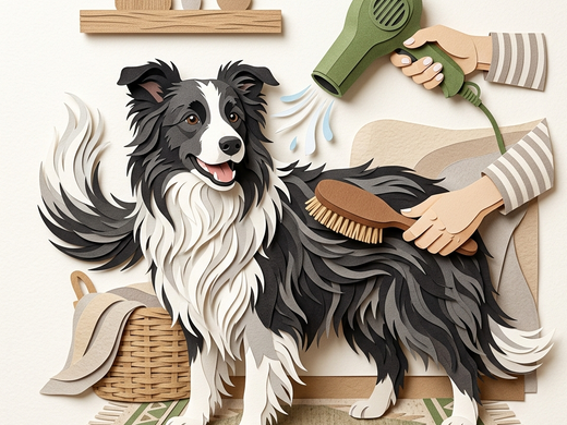 A long-coated dog being dried and brushed at home