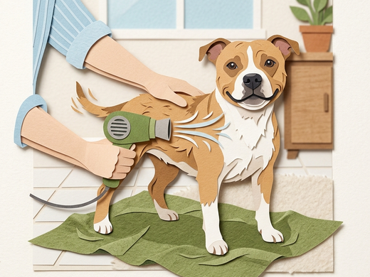 A short-coated dog being dried at home with a small dryer