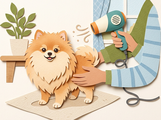A small dog being dried at home with a quiet dog dryer