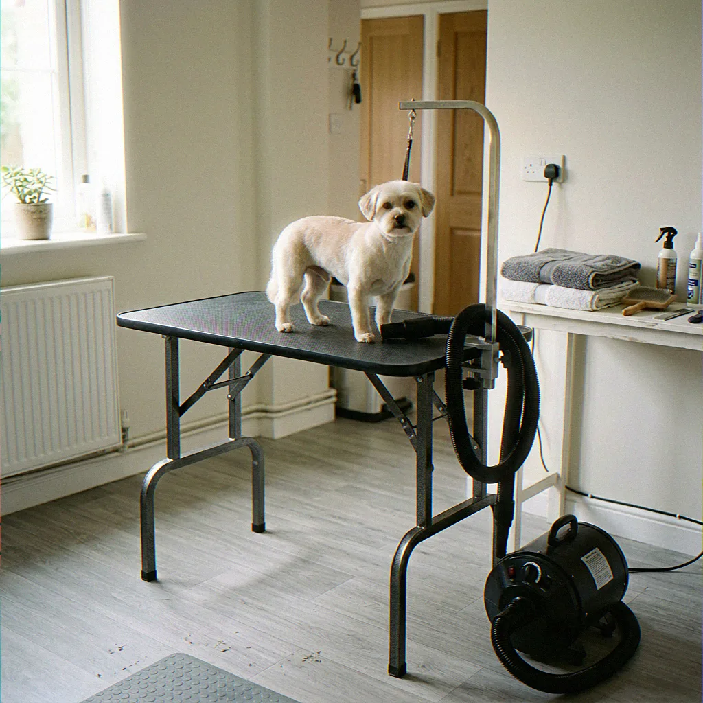 Biscuit, a Bichon Frise cross, on the grooming table