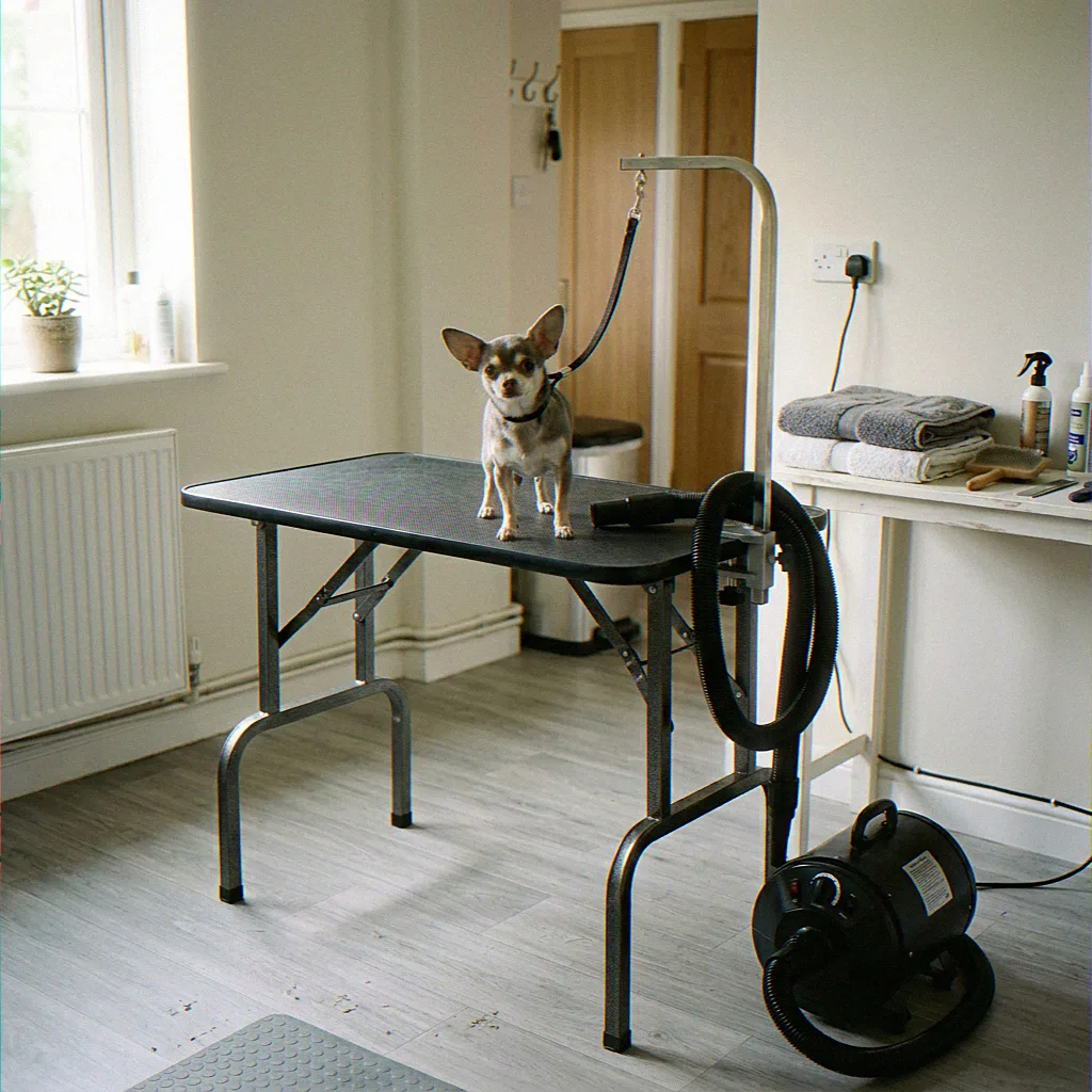 Pip, a Chihuahua, on the grooming table