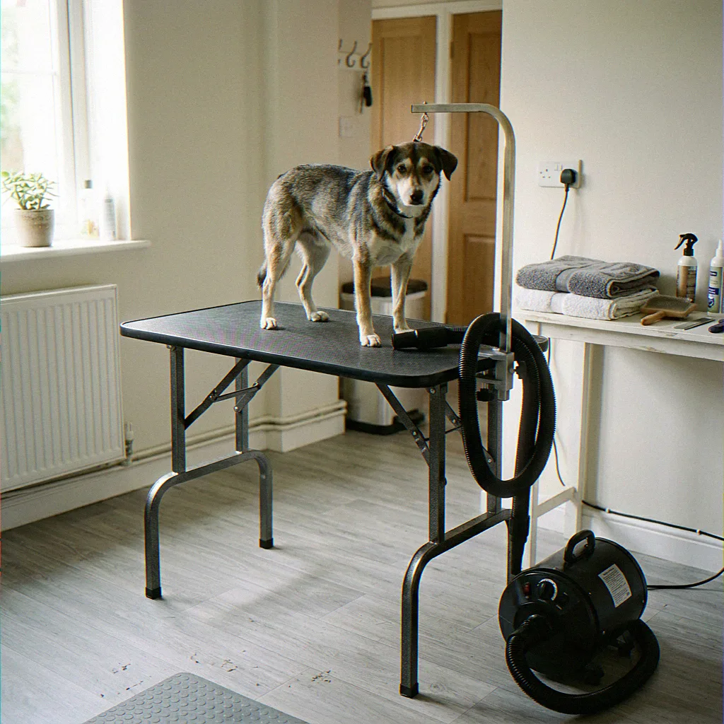 Rolo, a Lurcher cross, on the grooming table