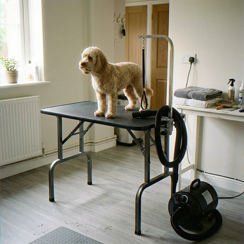 Maple, a Cockapoo, on the grooming table