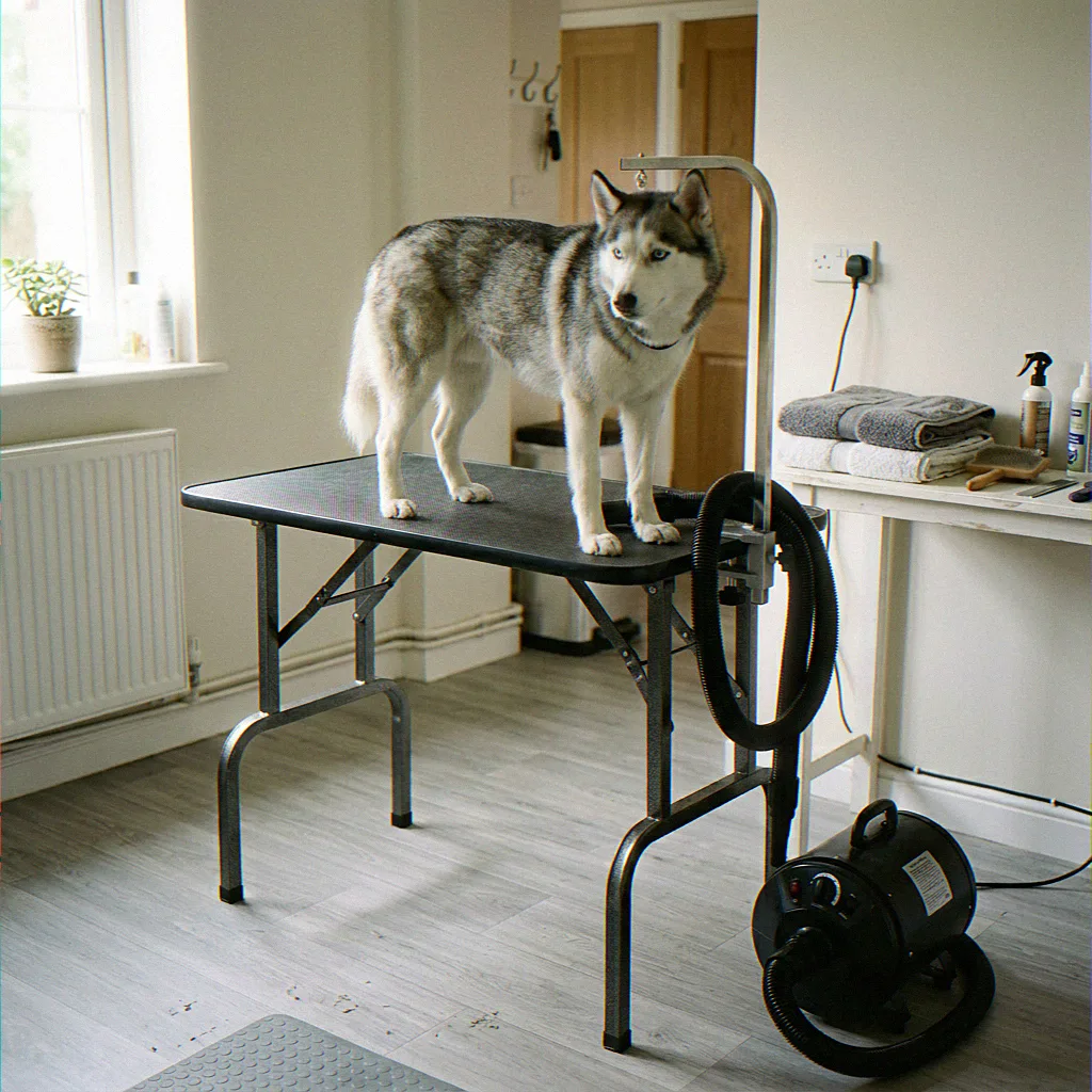 Storm, a Siberian Husky, on the grooming table