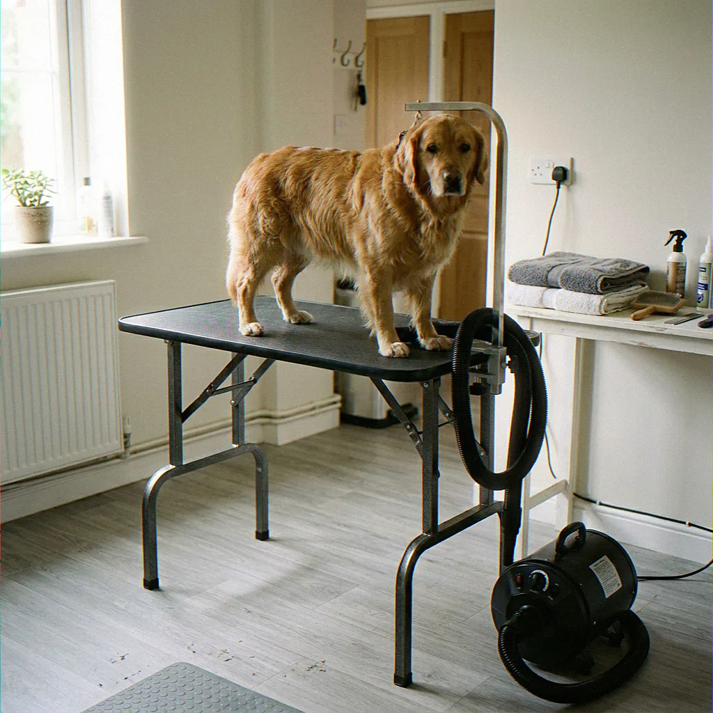 Bramble, a Golden Retriever, on the grooming table