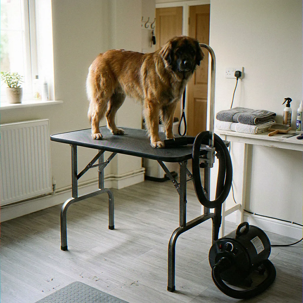 Hector, a Leonberger, on the grooming table
