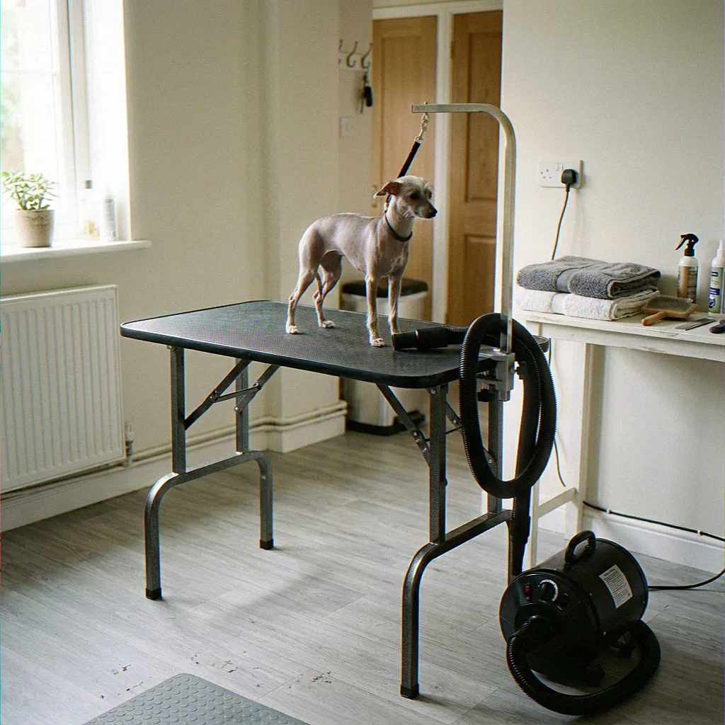 Olive, a Whippet, on the grooming table