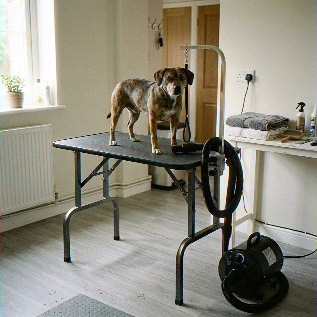 Dexter, a Staffordshire Bull Terrier, on the grooming table
