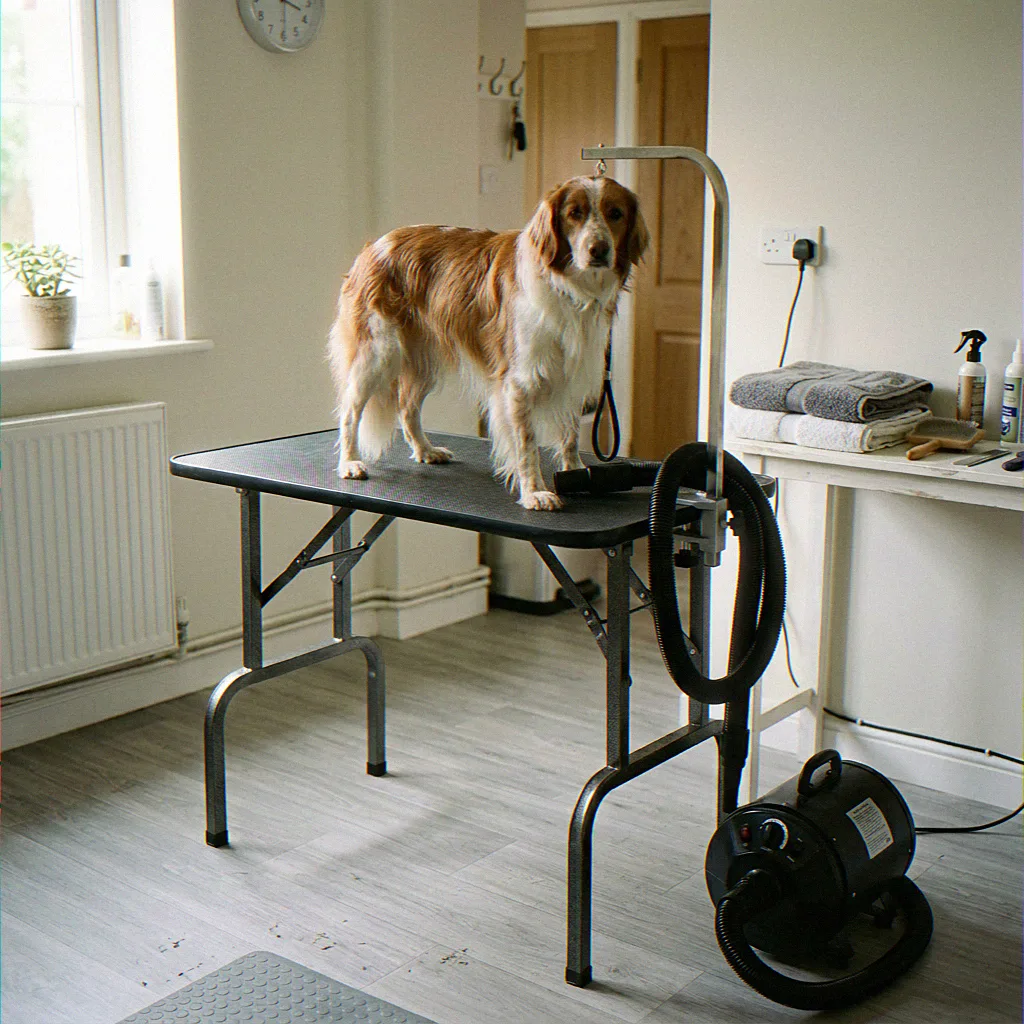 Willow, a Border Collie, on the grooming table