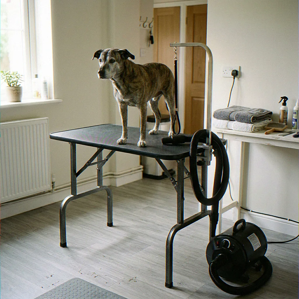 Bumble, a Staffordshire Bull Terrier cross, on the grooming table