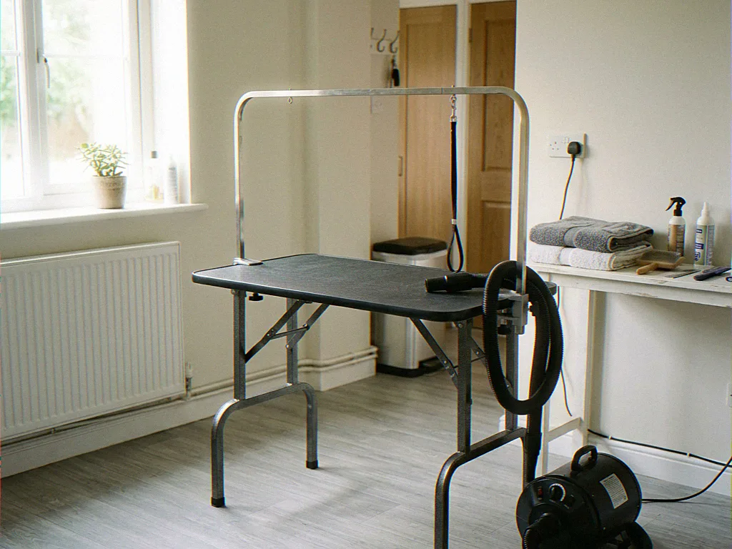 The home grooming room where the 11 dogs are dried: grooming table, high-velocity dryer, hose and towels