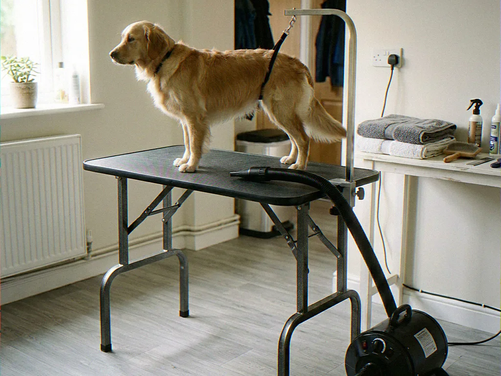 Dog being dried on the grooming table by a high-velocity dog dryer hose