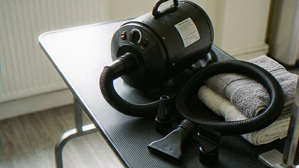 Home dog drying setup: high-velocity dryer, hose, nozzles and towels on the grooming table