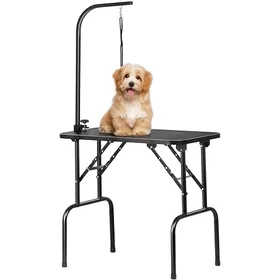 Foldable dog grooming table with an adjustable arm