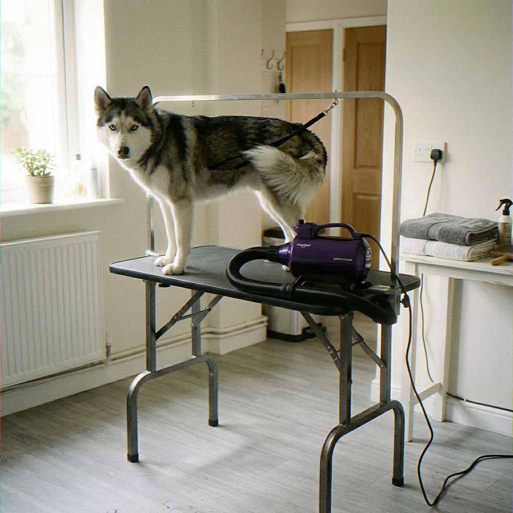 Storm the Siberian Husky on the grooming table with the Shernbao Super Cyclone