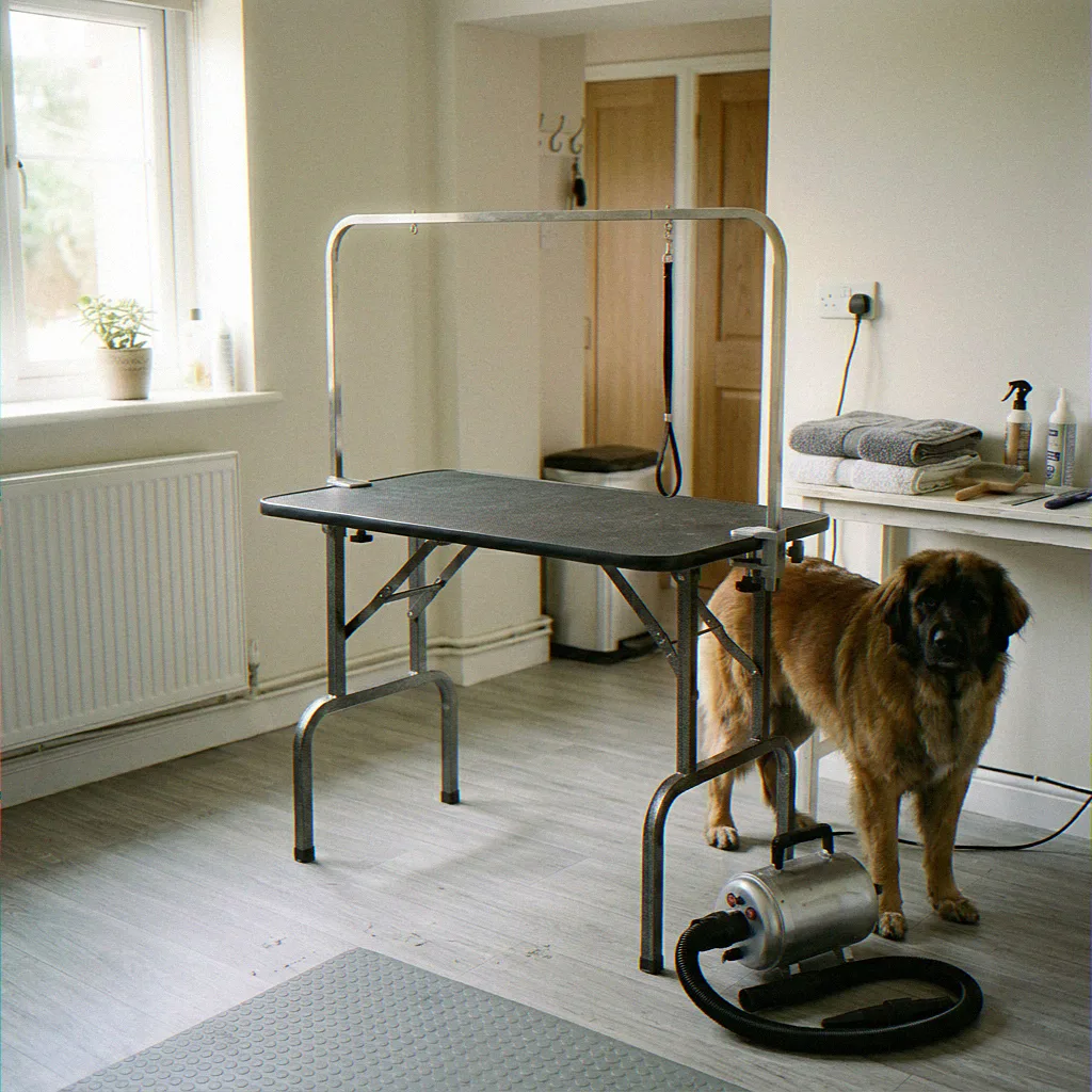 Hector the Leonberger beside the Aeolus Monster on the floor