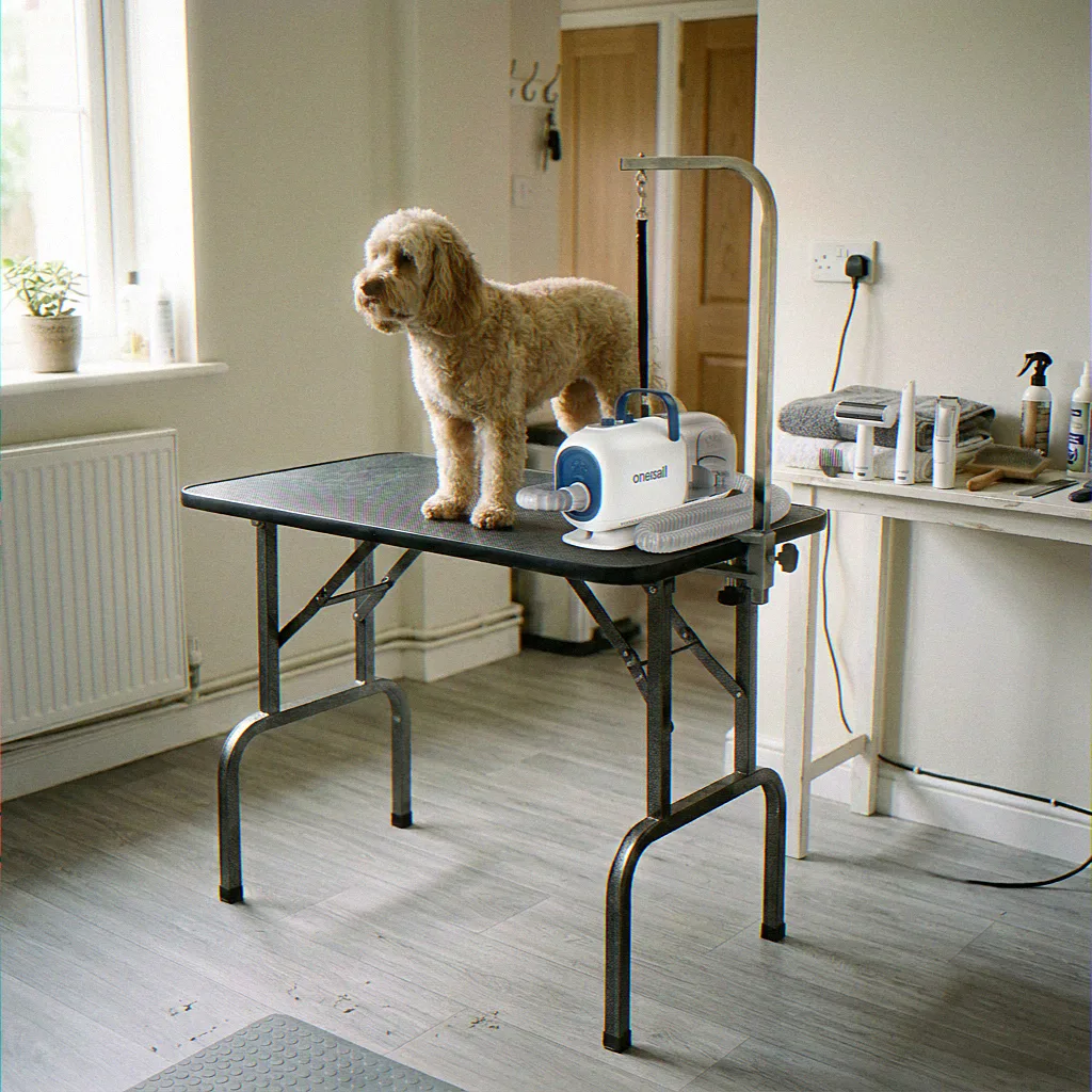 Maple the Cockapoo on the table with the oneisall LM2