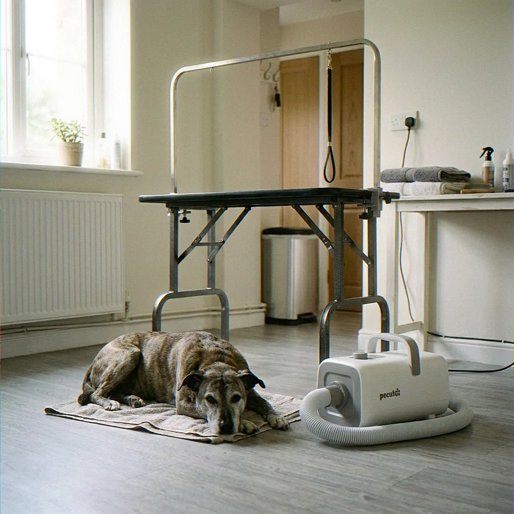 Bumble the senior Staffie cross resting by the Pecute 2800W