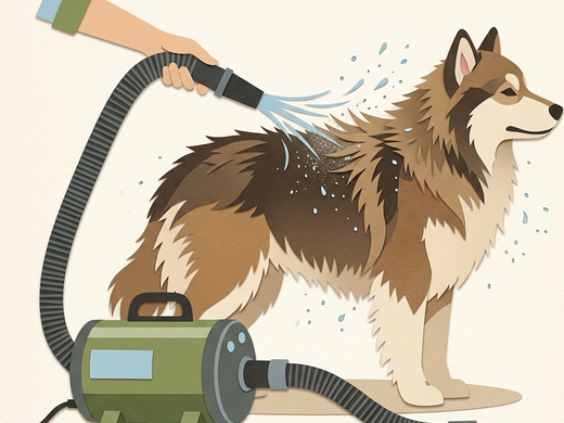 A high-velocity blaster drying a thick-coated dog, the airflow lifting and parting the coat