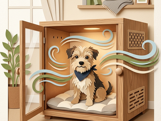 A dog drying box with a small calm dog sitting inside