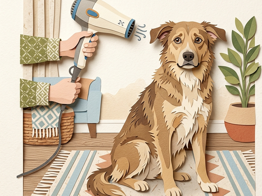 A person using an ordinary human hair dryer on a dog that looks uneasy