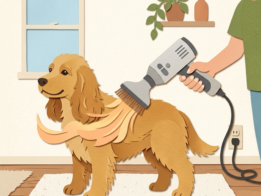 A multi-task grooming dryer brushing and drying a dog in one motion