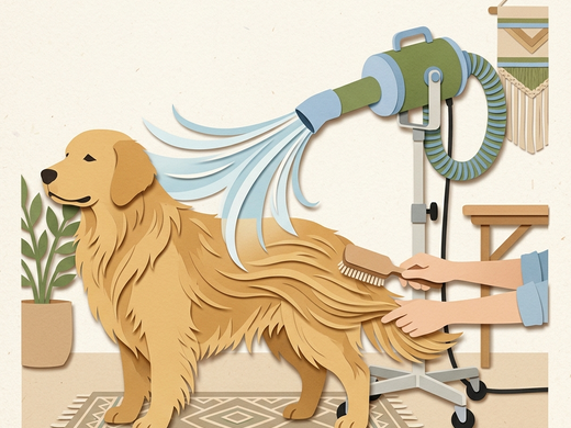 A hands-free stand dryer finishing a long-coated dog while a person brushes